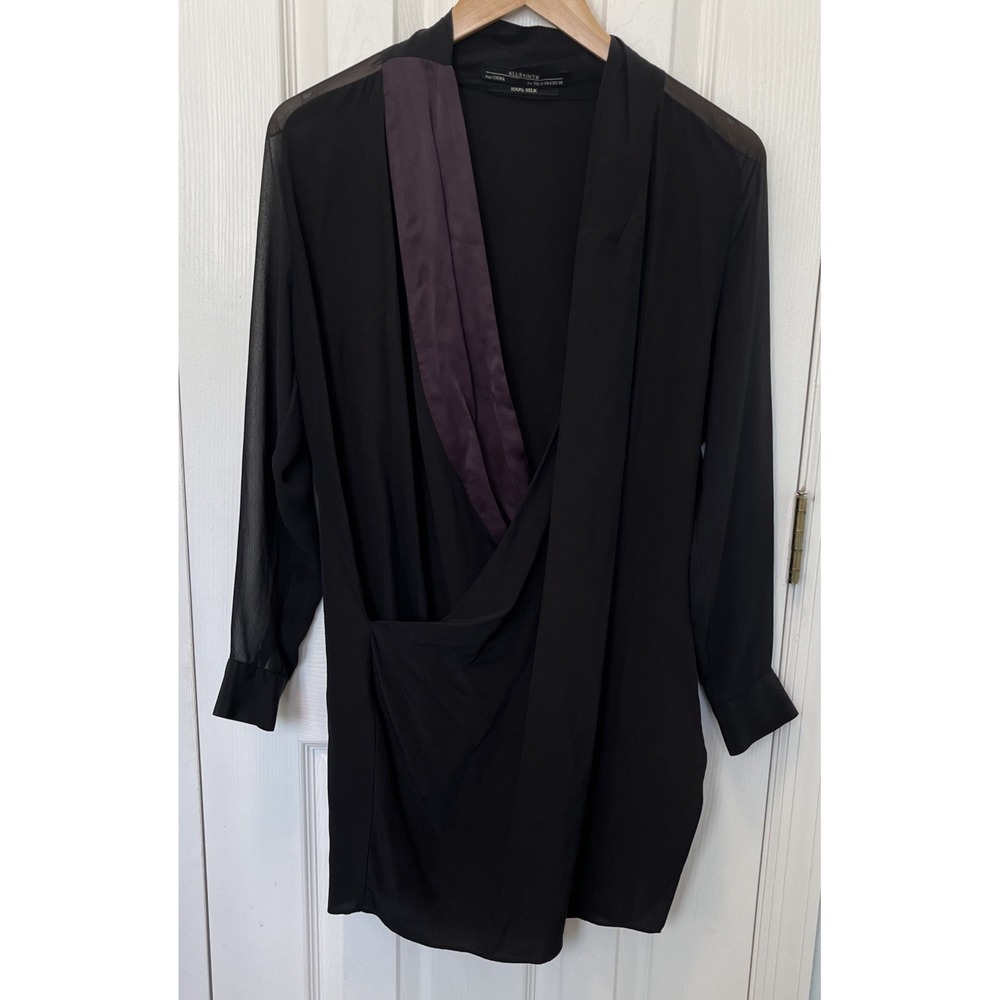 All Saints Black Grunge Blouse 100% Silk Plum Trim Long Sleeve Top Size 6